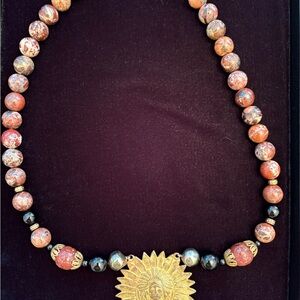 Vintage necklace of Jasper, Black Onyx & glass beads with emblem of Greenduck Co